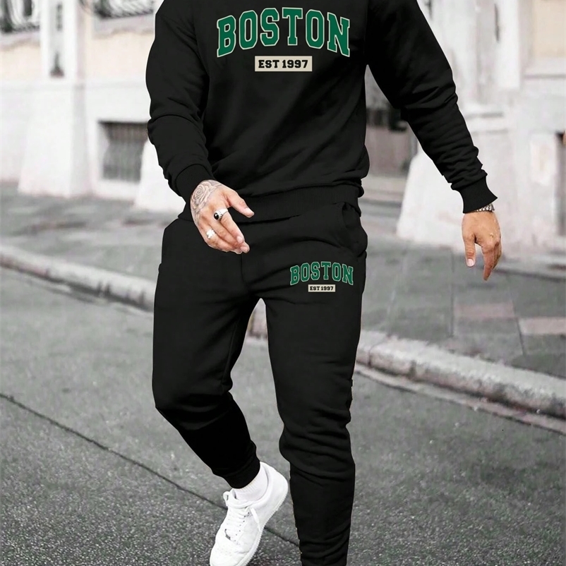 Trendy Hoodie Mens Casual Set Sweater Trouser Printed Versatile Long Sleeve Sweater Mens Sportswear 241203