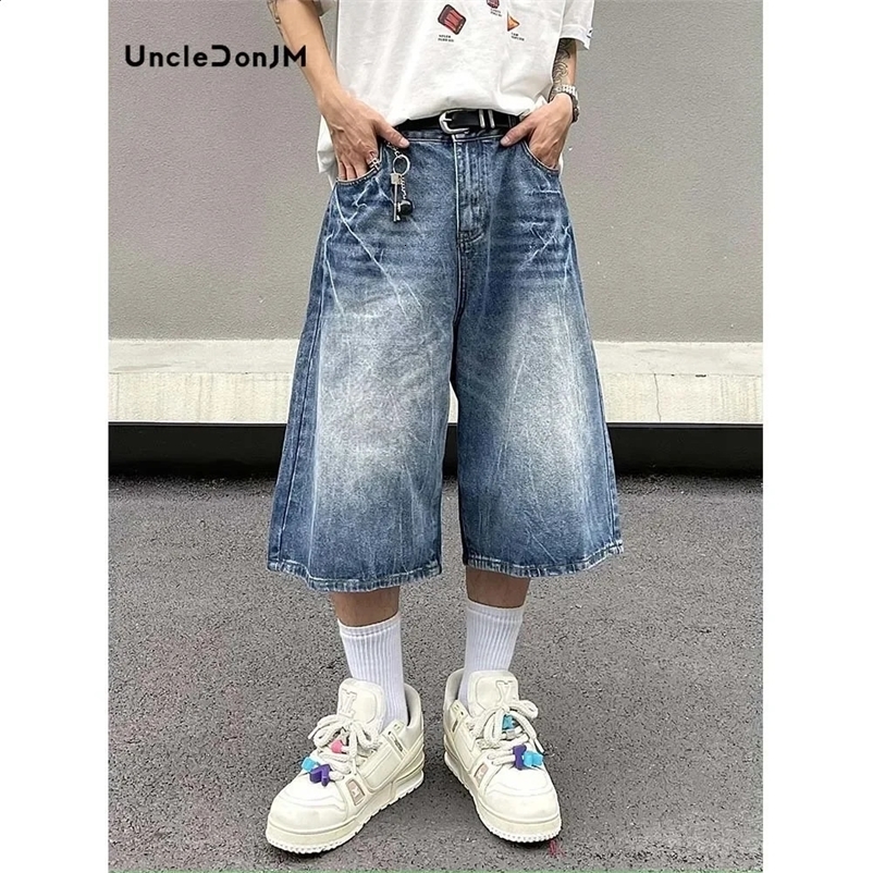 Lightning Patterned Jorts Loose Cropped Denim Shorts for Men Womens Y2k Distressed Calf-length Pants 250210
