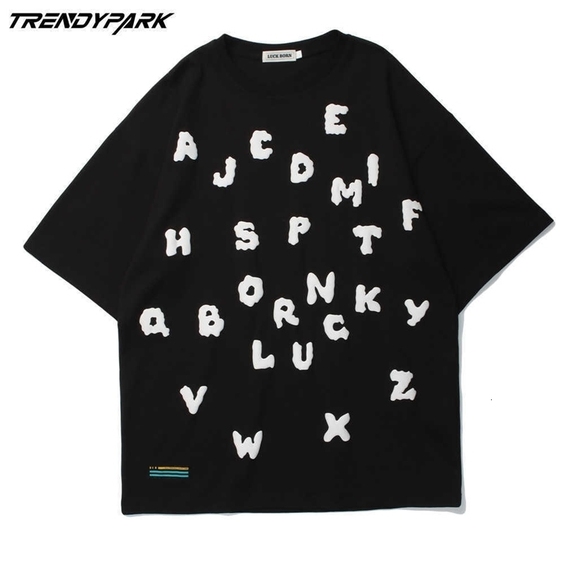 Men's T-shirt Summer Short Sleeve Foaming Letters Printing Oversized Cotton Casual Harajuku Streetwear Top Tshirts Clothing 210601