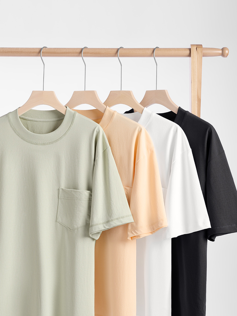 Men's College-Style Solid Color Ice-Feel Cotton T-Shirt - 230g, Loose Fit with Patch Pocket, Casual 3/4 Sleeve Menswear for Cool Comfort -59M