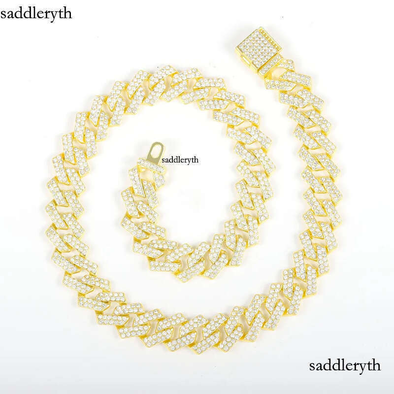 Hot selling hip-hop classic Cuban for women 15MM gold alloy full dia necklace trendy mens style