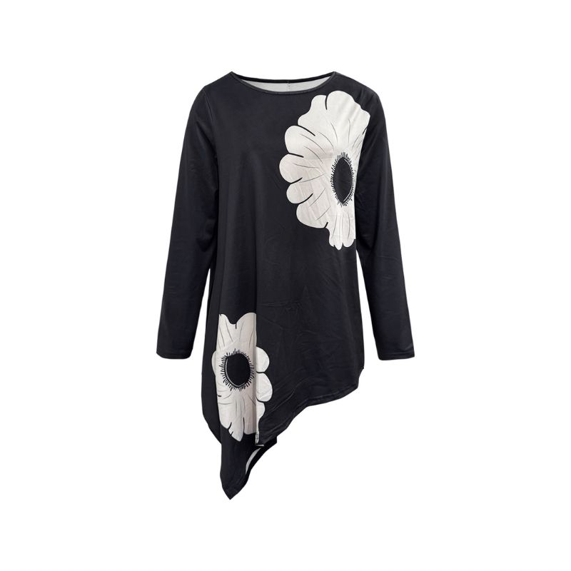 Women's Autumn New Fashion Elegant Floral Printed Long - Sleeve T - Shirt, Irregular Hem Milk Silk Loose Casual Top-CF52839