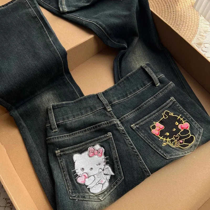 Sanrio Hello Kittys Jeans Cartoon Embroidery Denim Women Y2K High Waist Wide Legs American Retro Pant Casual Streetwear Trousers L250925