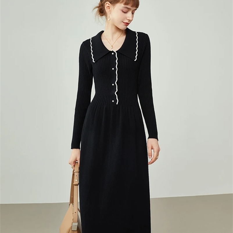 FSLE Women French Knitted Dresses Mid-length Retro Slim All-match Sweater Dress Buttoned Black Knitted Thin A-line Skirts 240703