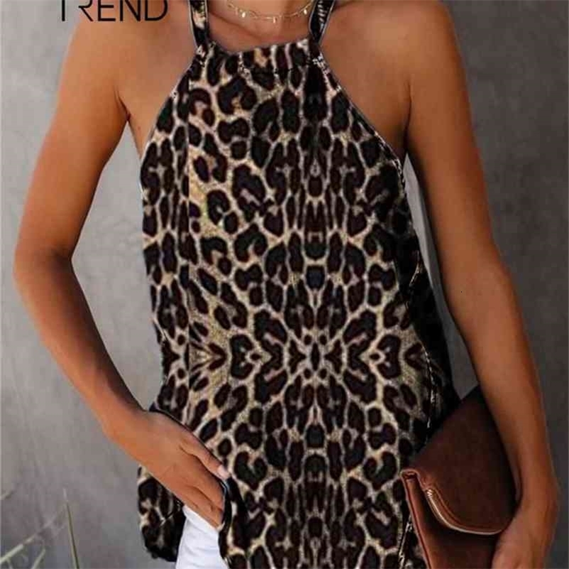 Women's Tank Top Vest Hanging Neck Sleeveless Leopard Vest Female Summer Sling A Base Blouse Beach Sexy women's Tee tops 210625