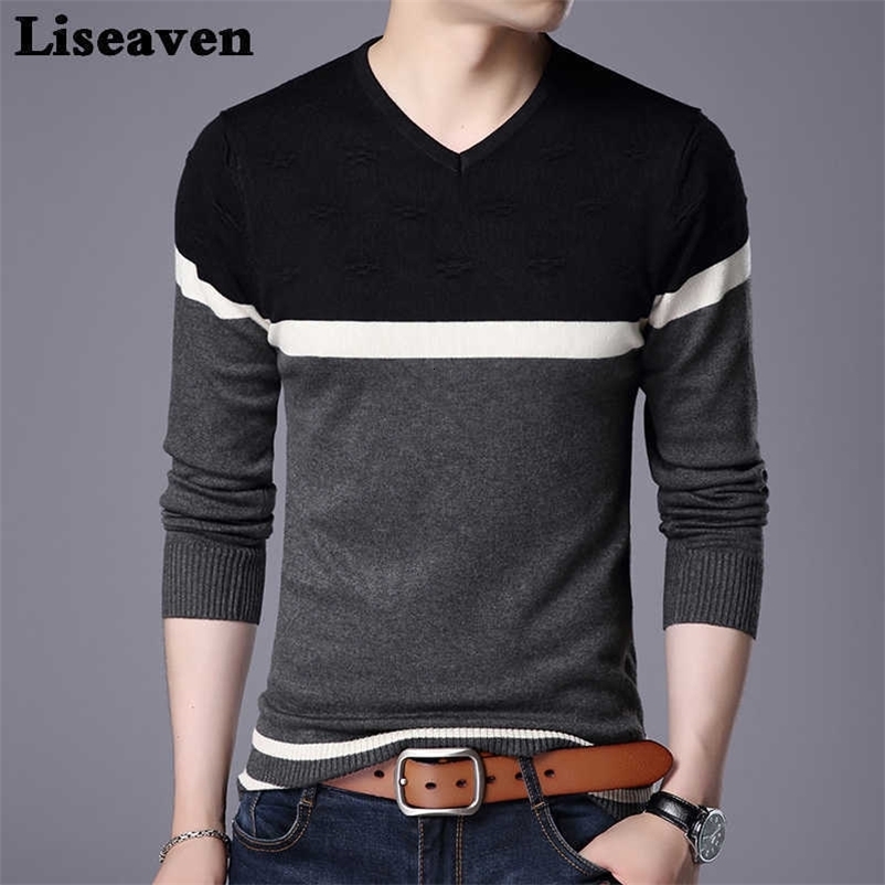 Liseaven Men Pullover Sweater V Neck Casual Slim Fit Sweaters Long Sleeve Pullover Tops 210929