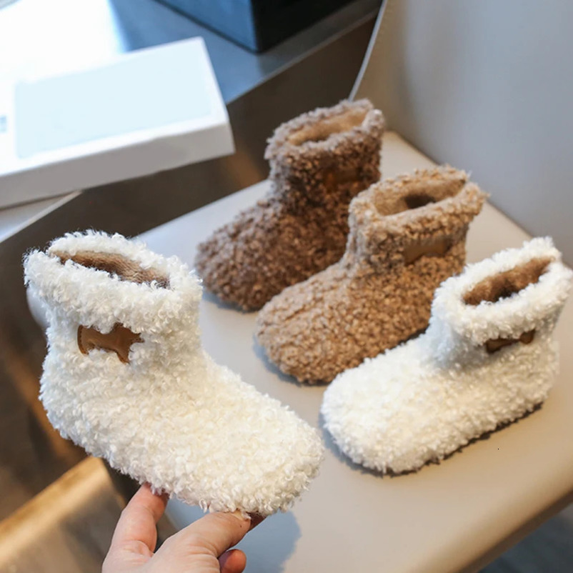 Cute Animal Patchwork Lambswool Boots For Kids Winter Thick Curly Fur Warm Booties Boys Girls Outdoor Round Toe Cotton Shoes 241219