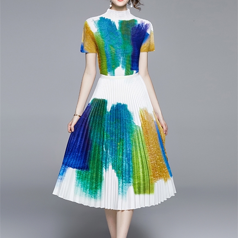 Two Piece Dress Runway Fashion Summer 2 Pieces Set Women Stand Collar Contrast Color Tops High Waist Gradient Printed Skirt Holiday Set 230422