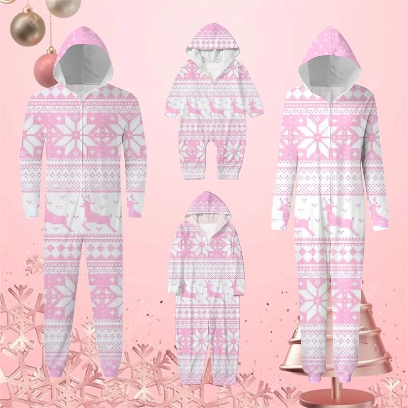 Snowflake Print Pink Family Matching Hooded Jumpsuit Christmas Home Clothes For Family Parent Child Christmas Pajamas navidad 241022