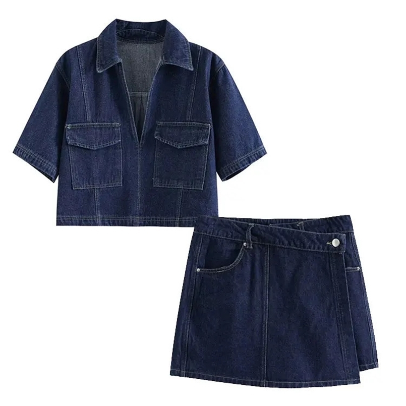 Womens Fashion Flip Pocket Decoration Short Flip Collar Slim fit denim Top Asymmetric Denim Skirt 2 Piece Set 250320