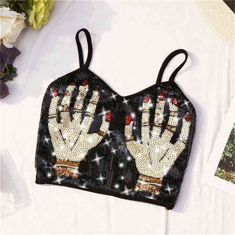 Fashion Women Crop Tops Summer Palm Beaded Sequins Spaghetti Strap Black Short T Shirt Woman Sexy Top 210625