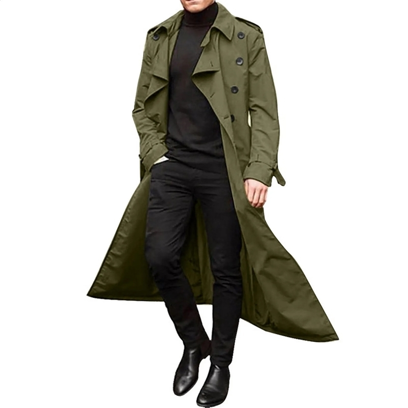 Mens windproof machine spring and autumn long chiffon ultra long trench coat classic trend double chest solid color temperature trench 241203
