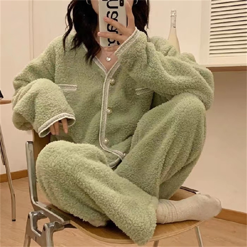 Women's Sleepwear Pajamas Set Women Winter Coral Velvet Pyjamas Sets Sweet Cute Flannel Long Sleeve Female Homewear Nightwear 230227