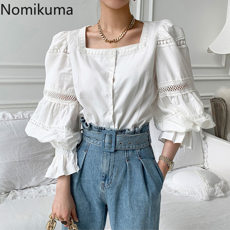 Nomikuma Elegant Square Collar Women Shirt Korean Hollow-out Puff Sleeve Blouse Tops Spring New Causal Blusas Mujer 6D990 210427