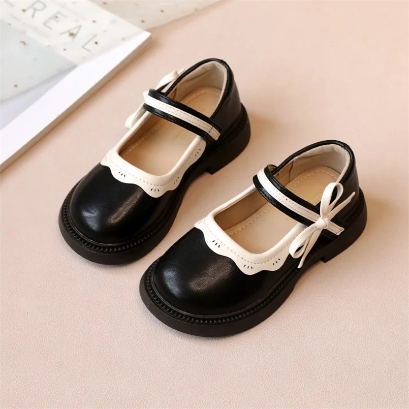 Autumn Girl Leather Shoes Bowtie Black Beige School Causal Children Flat Elegant Round Toe Fashion Patchwork Kids Mary Janes 250219