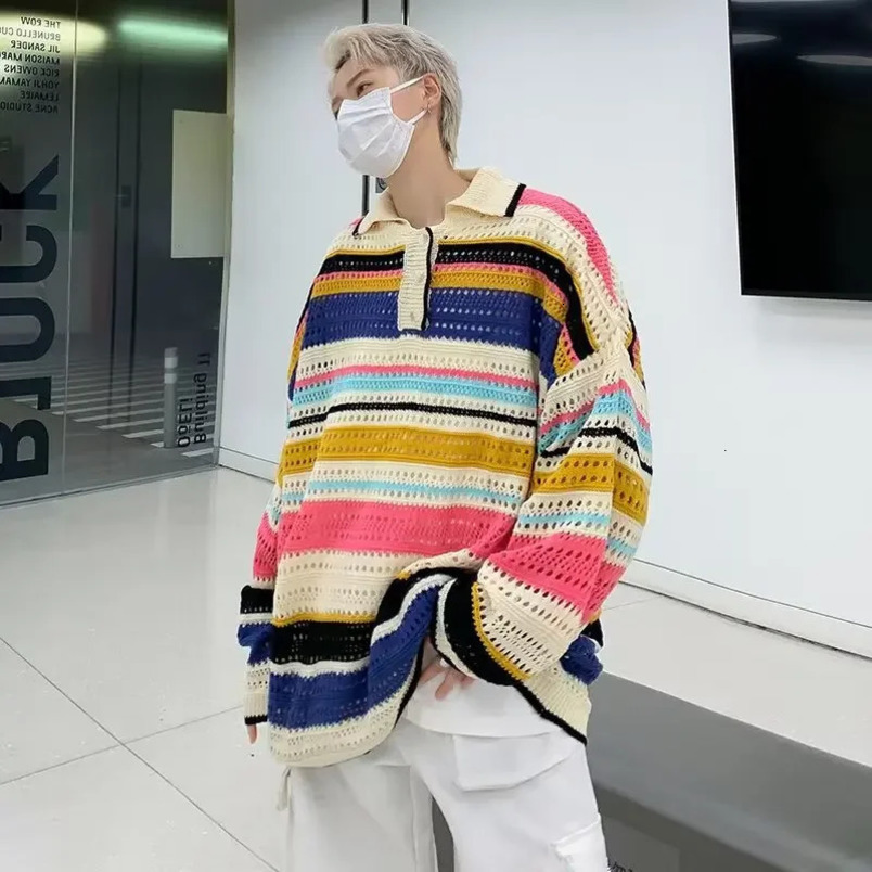 Elegant colored lapel and floral mens sweater autumn n feels niche and warm hollow knit jacket 240930