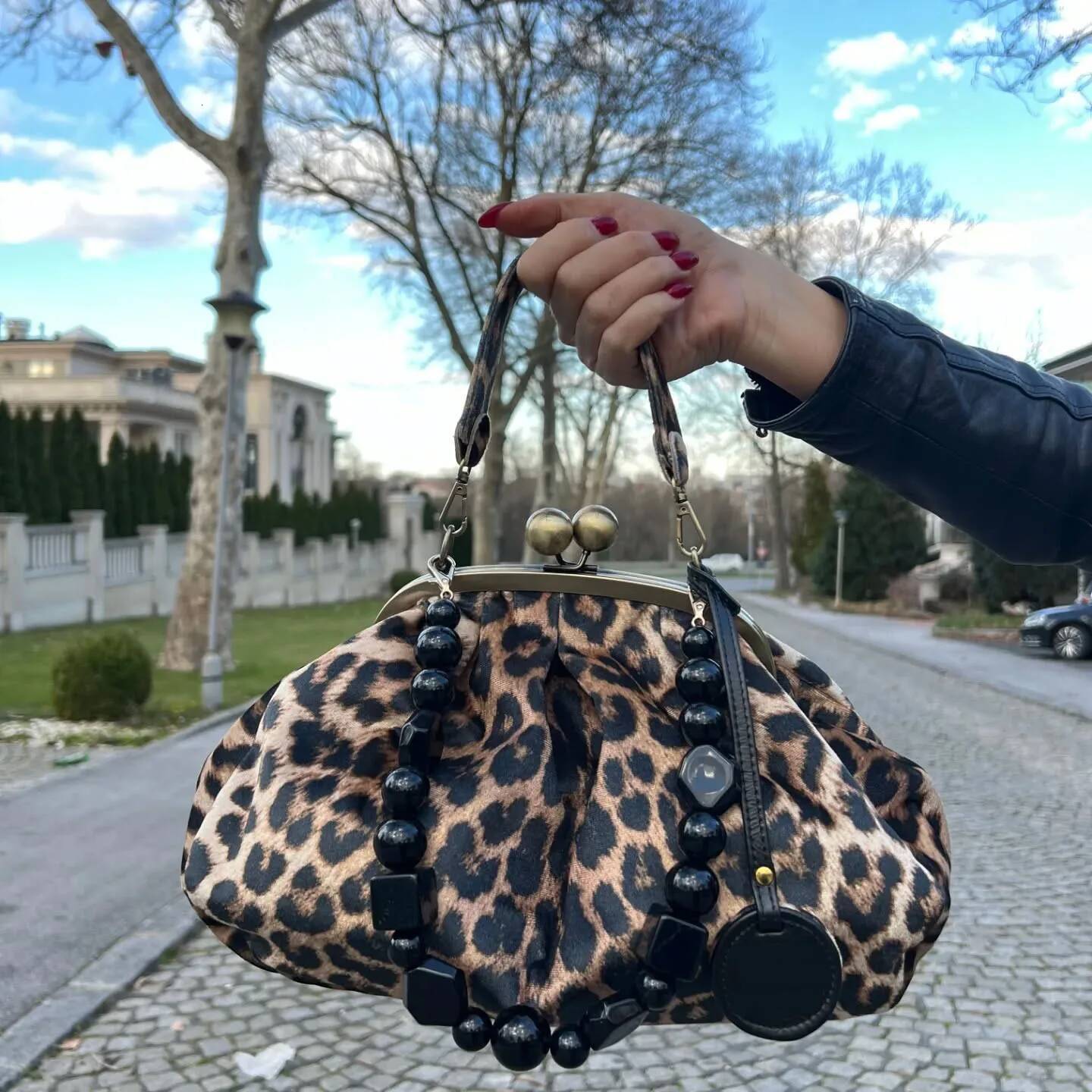 LOST IN VINTAGE Leopard Print Animals Fabric Soft Smooth Owl Bag Balls Bronze Kiss-lock Purse Clutch Large 35x23x10cm