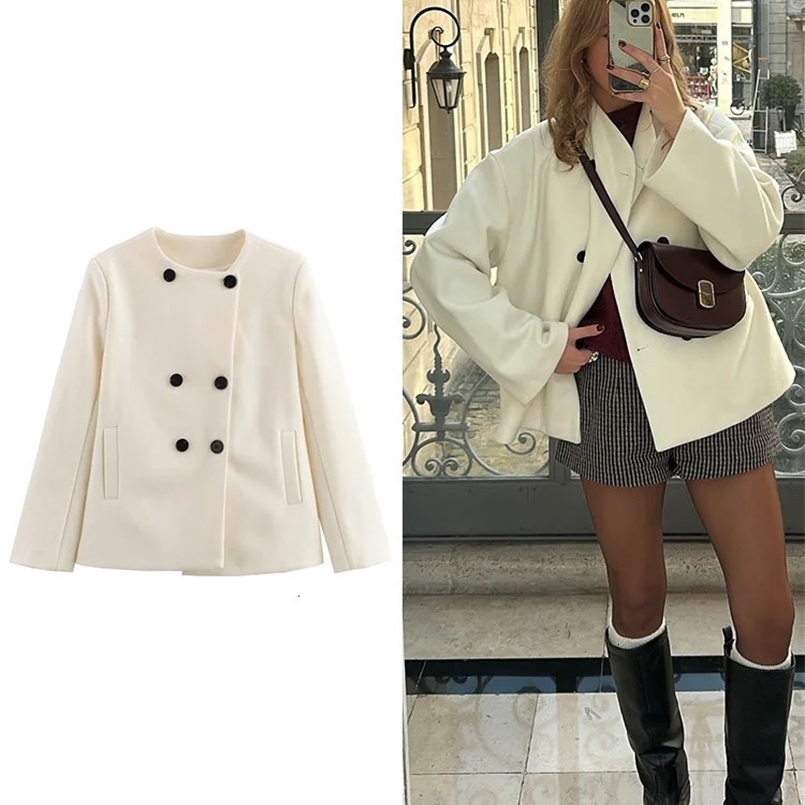 TRAF autumn and winter womens irregular double-breasted tweed jacket Elegant long-sleeved round neck jacket tops 241220