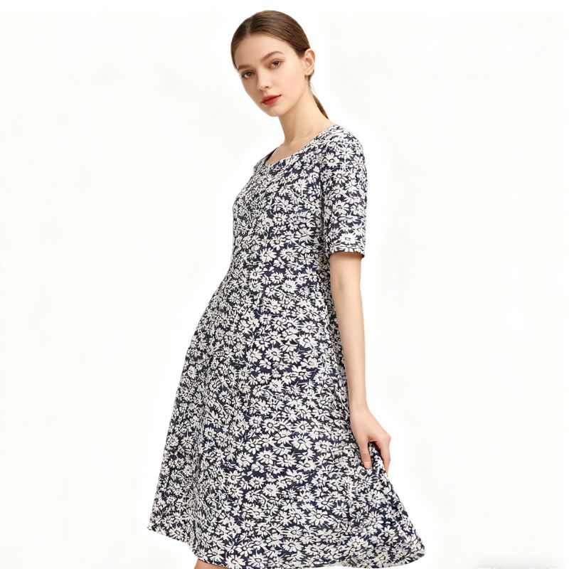 Women's Autumn New Floral Printed Midi Dress Milk Silk Casual Versatile Half - Sleeve Dress-YL25258