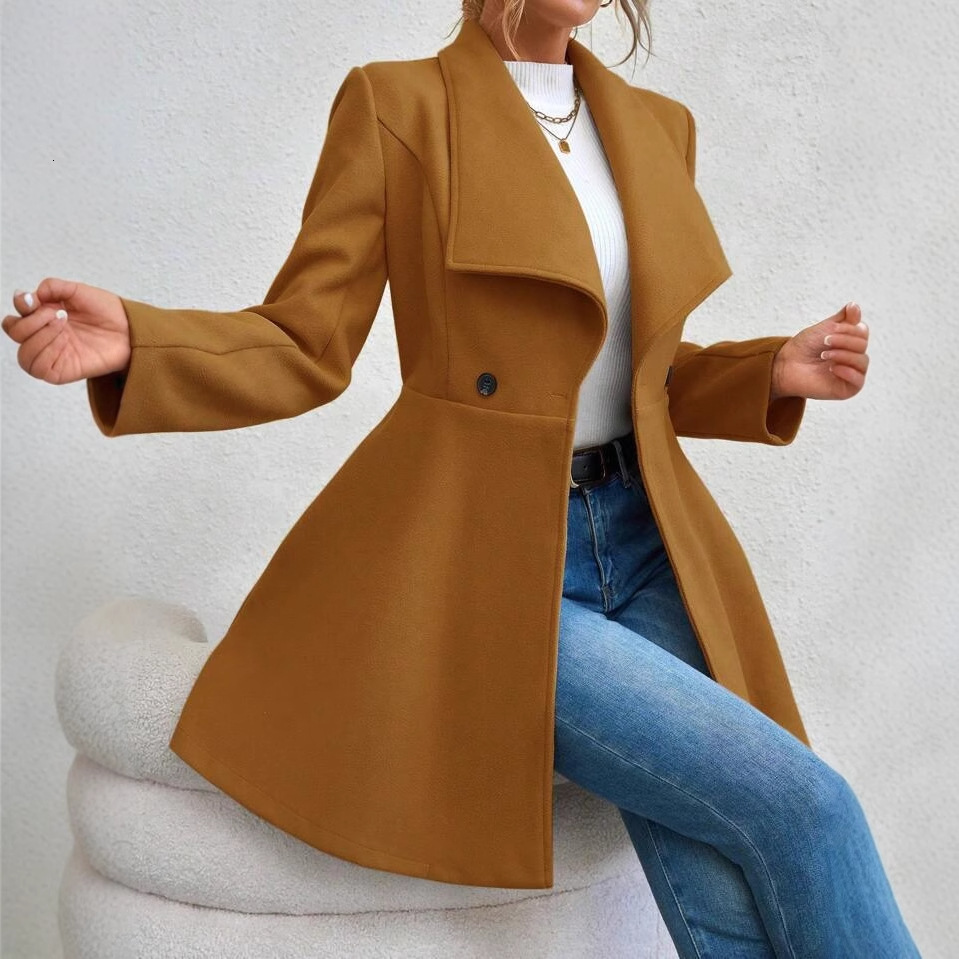 Autumn Winter Coat Slim Fit Long Fashion Turn-down Collar Women's Woolen Jacket