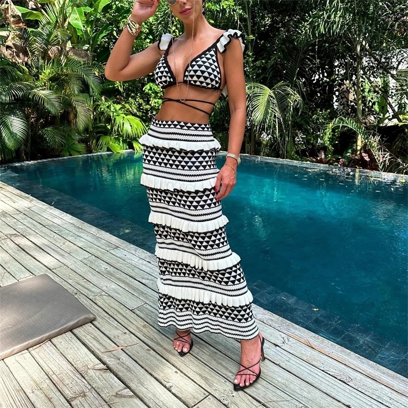 Womens Striped Knitted Beach Skirt Sets Sexy Backless Slim Boho Long Skirt Outfits 2 Piece Set Ruffle Vacation Cropped Top Skirt 250118