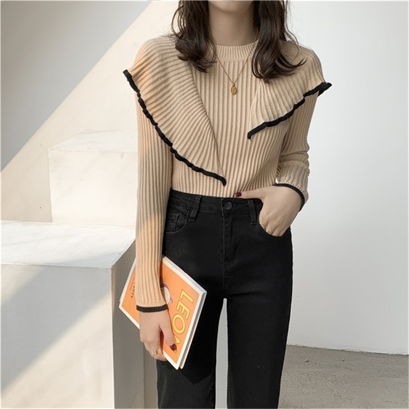 HziriP OL Basic Bottoming Knit Sweater Korean Style Flounced Stitching Pullover Sweaters Slim Warm Thick Knitted Tops 211018