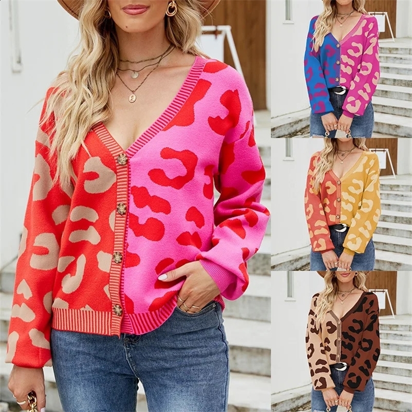 Autumn Winter Womens Sweater Top Color Blocked Leopard Print V-neck Single Breasted Cardigan Sweater Womens Knitted Coat 250118