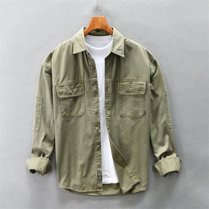 Men's Casual Shirts Winter Fall Fashion Men's Multi Pocket Patchwork Vintage Cargo Shirt Solid Color Long Sleeve 100% Cotton Loose Daily Top