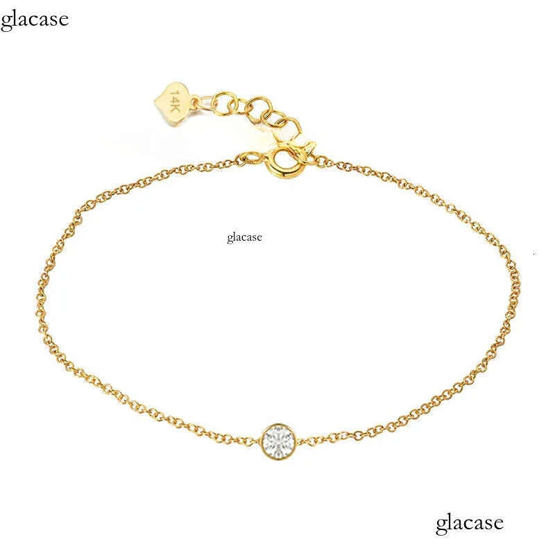 GB17 RINNTIN 14K Solid Yellow Gold Lobster Clasp Strand Cut Cable Chain Solitaire Bezel Set Moissanite Dia Bracelet