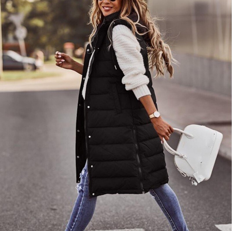 New Fashion Casual Cotton Jacket Solid Color Hooded Slim Vest Elegant Sleeveless Cardigan Mid-Length Coat for Women
