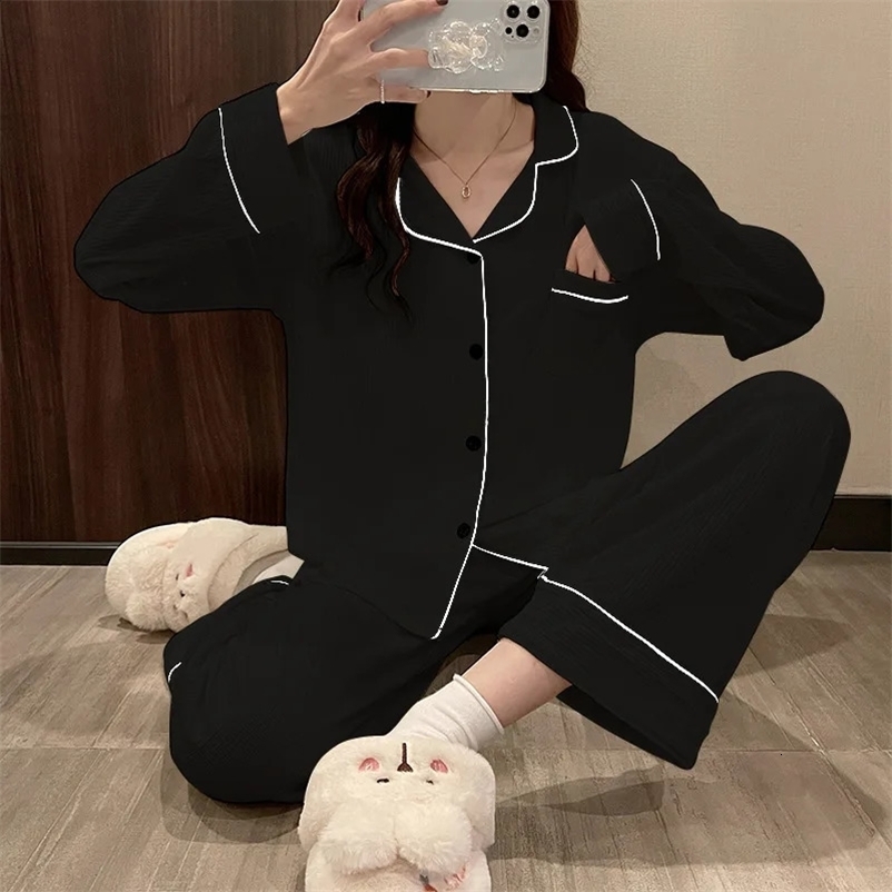 Casual Sleepwear Pyjamas Women Black White Spring Autumn Winter Home Clothes Long Sleeve Female Nightwear Pajamas Set M-3XL 250226bj