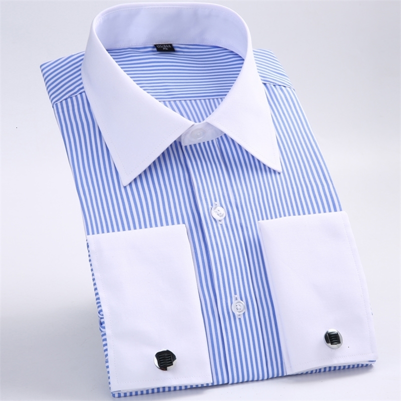 Men's Casual Shirts Men's Classic French Cuffs Striped Dress Shirt Single Patch Pocket Standard-fit Long Sleeve Wedding Shirts Cufflink Incl