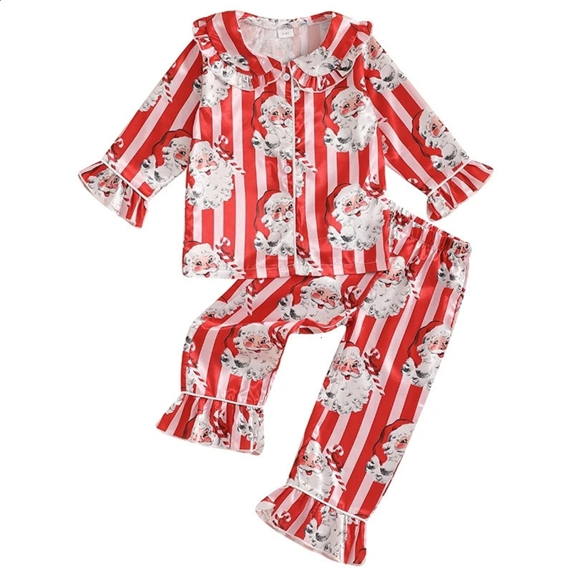 Little Girl Christmas Pajama Sets Santa Striped Doll Collar Button-up Tops Long Pant Ruffled Loungewear Set 241120