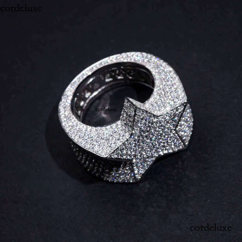 Hip-Hop Rock Style Iced Out 5-Point S Plated White Gold with DEF VVS Moissanite Men's Ring Popular Star Fashion da