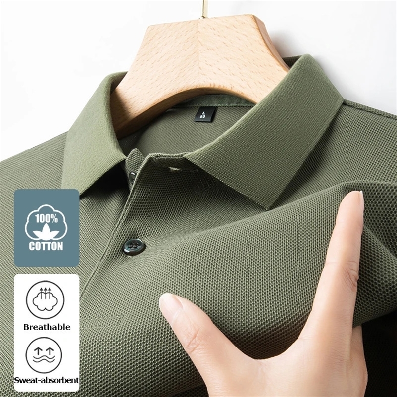 Mens 100% pure cotton polo shirt - summer fashionable casual short sleeved breathable lapel T-shirt 10 colors suitable for golf and sports 241203
