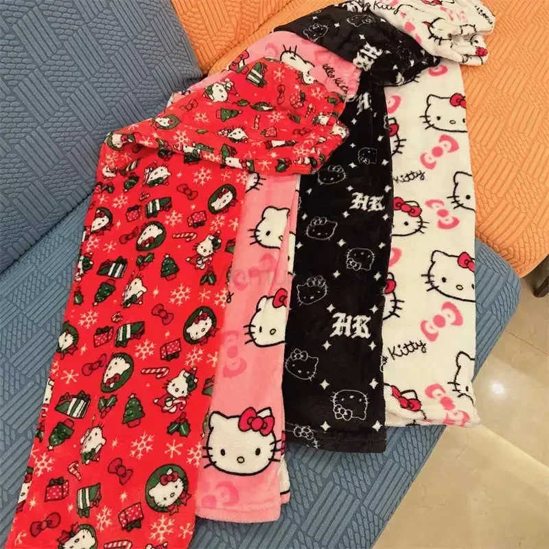 Sanrio Halloween Hello Kitty Pajama Pants Anime Fleece Double Elastic Fabric Soft Trousers Women Cartoon Birthday Gift L250925