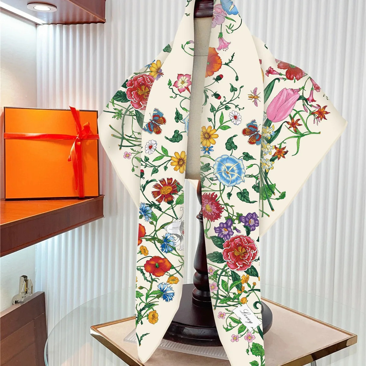 90cm Silk Scarf Women Plants Flowers Printed Square Scarves Head Echarpes Foulards Femme Wraps Shawls Bandana Lady Hijabs 250925