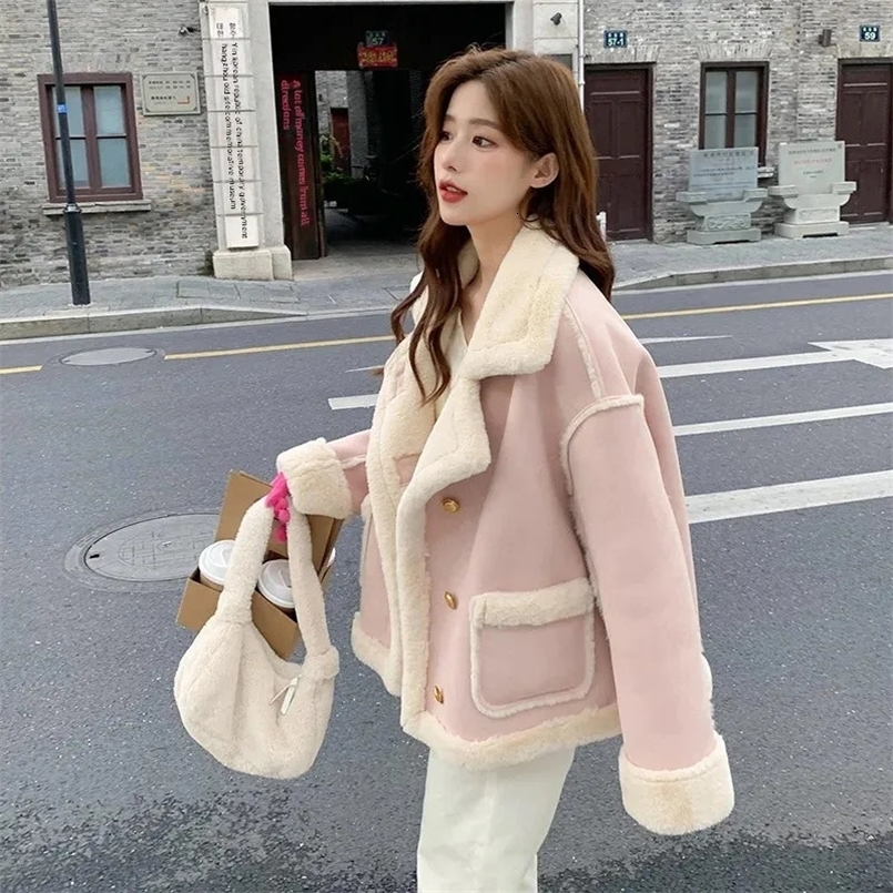 Autumn/Winter Style PetiteCropped Integrated Sunday Angora Yarns Pink Tweed Style Sheep Fur Jacket For Women 241220