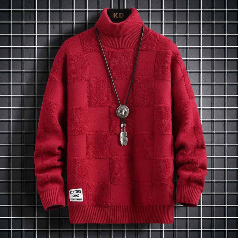 High neck thick warm sweater/high-quality mens winter pure thin casual fashion loose plaid knitted latte art 240930