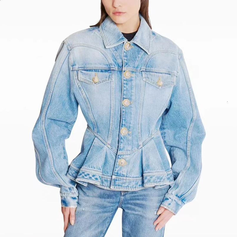 Womens shoulder strap denim jacket metal button decoration lapel long sleeved shoulder strap high-quality washed cotton autumn 240906