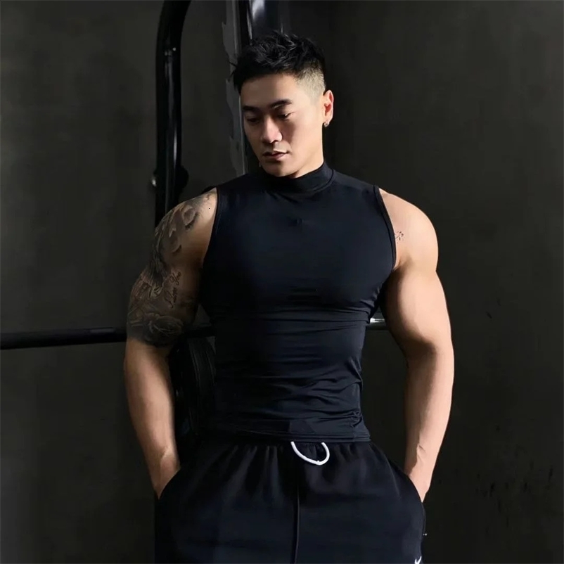 Muscle Mens Fitness Clothes Solid Sports Sleeveless T-shirt High Neck Elastic 250225