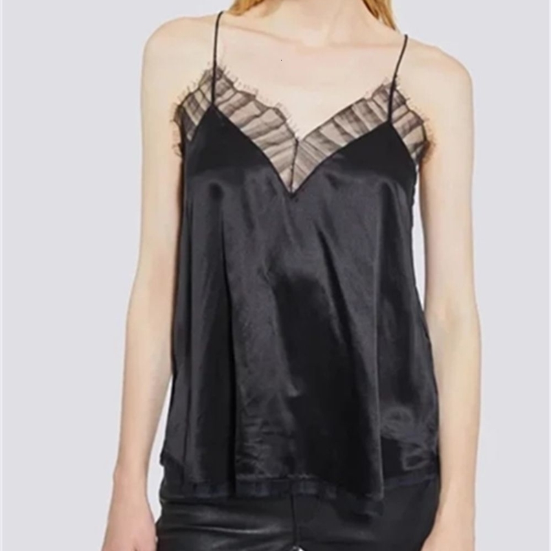 Camisoles Tanks Women 100% Silk Lace Stitching V-Neck Tank Spring Summer Ladies All-Match Simple Solid Color Temperament Camisole 230518