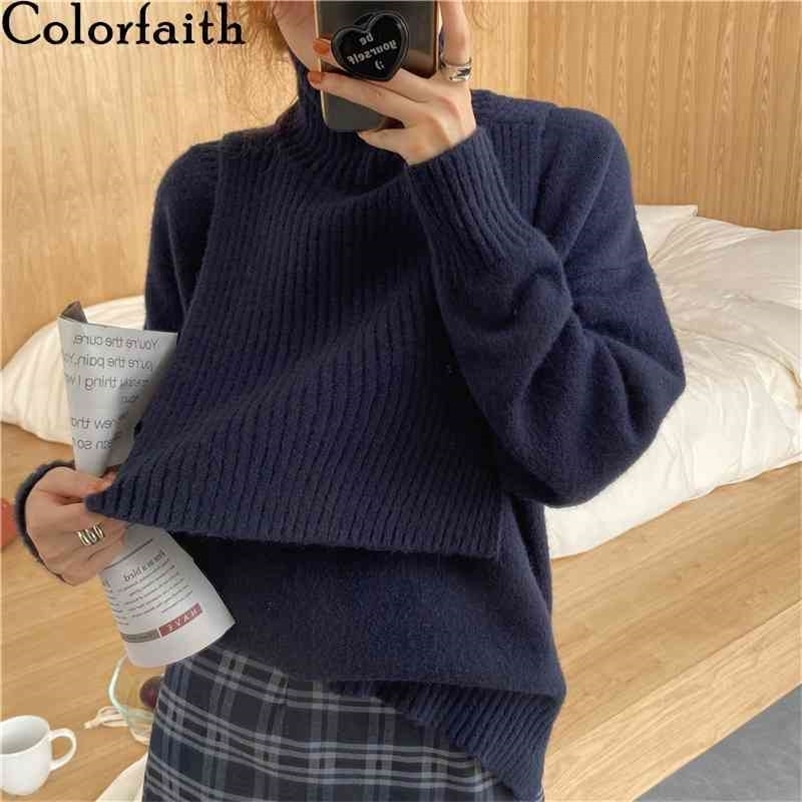Colorfaith New Autumn Winter Women's Sweaters Pullover Korean Two Pieces Oversize Elegant Minimalist Solid Lady Tops SW9161 210413