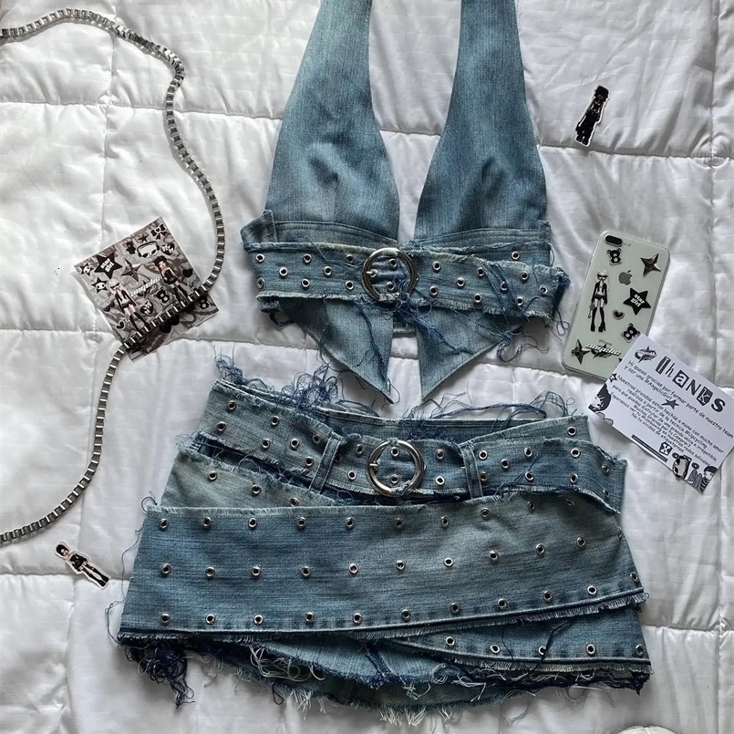 Y2K Light Blue Two Piece Sets Womens Outfits Gothic Vintage Denim Skirt Tops Sets Harajuku Sexy Slim Halter Tops Mini Hip Skirt 250320