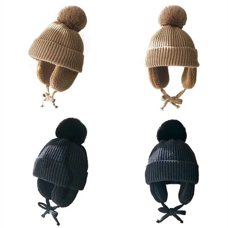 Winter Kids Baby Boys Girls Hat Big Pompom Beanie with Earflap Wool Plush Childrens Knitted Ear Protection Cap Thick Keep Warm L250925OZZ7