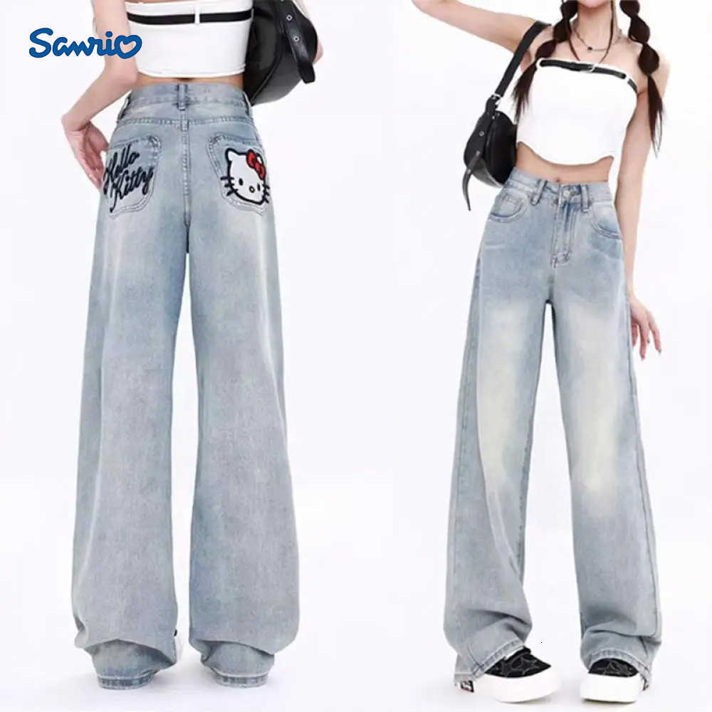 Sanrio Hello Kitty Y2K Jeans Sanrioed Anime Kawaii Spring High Waist Trousers Women Japanese Style Embroidery Look Thin Student Loose L250925
