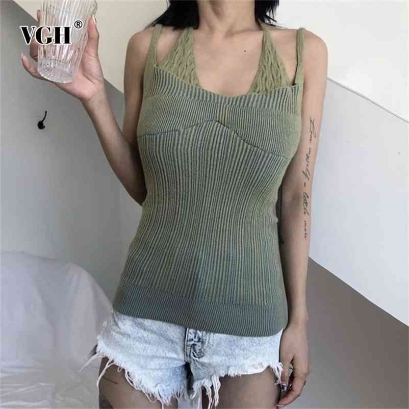VGH Korean Vest For Women Halter Sleeveless High Waist Striped Backless Sling Slim Sexy Vests Female Summer Fashion 210625