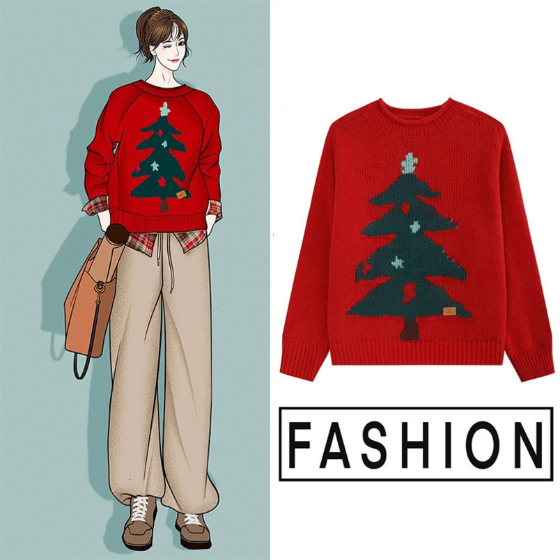 Year Christmas Tree Jacquard Womens O-neck Thick Zipper Australian Wool Knitted Sweater Winter Loose and Casual n 241113