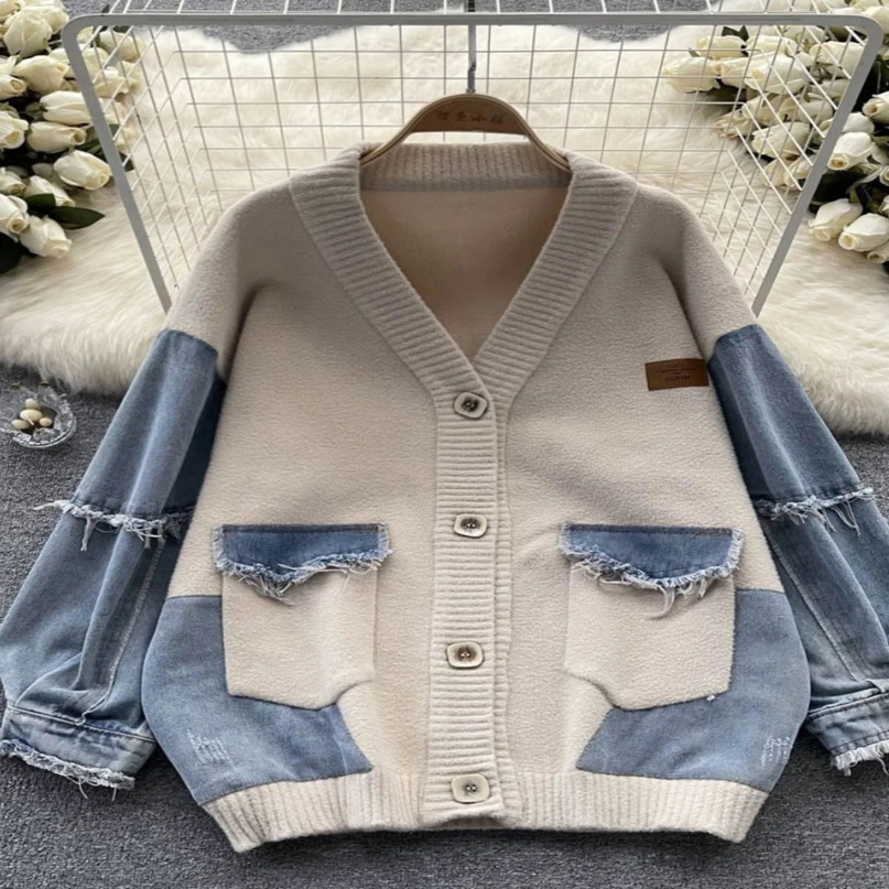 Korean Vintage Beige Patchwork Denim Single Breasted Knit Cardigan Sweater Autumn Winter Women V Neck Long Sleeve Tops Trend 241021