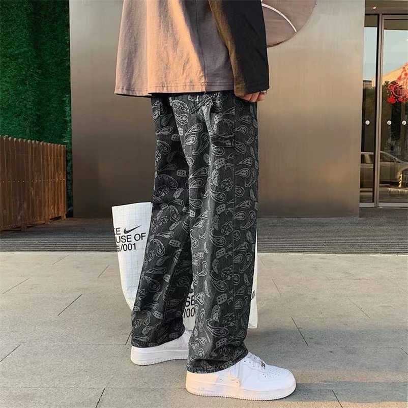 Cashew flower black jeans men's straight tube loose spring and autumn summer Korean fashion men's baggy pants denim trousers 211009